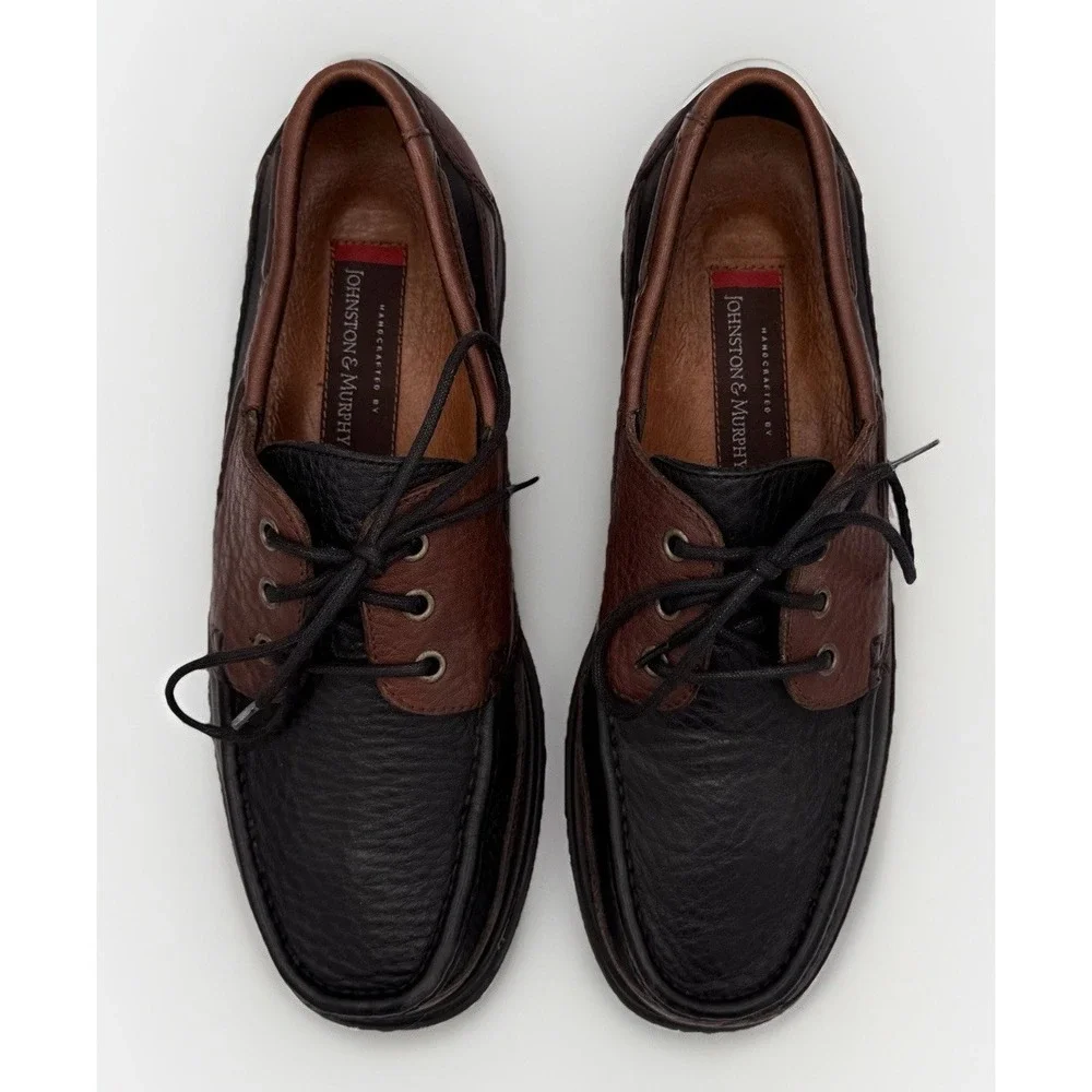 Johnston & Murphy Brown & Black Leather Boat Shoes Lace Up 020-1201 Mens Sz 9.5M